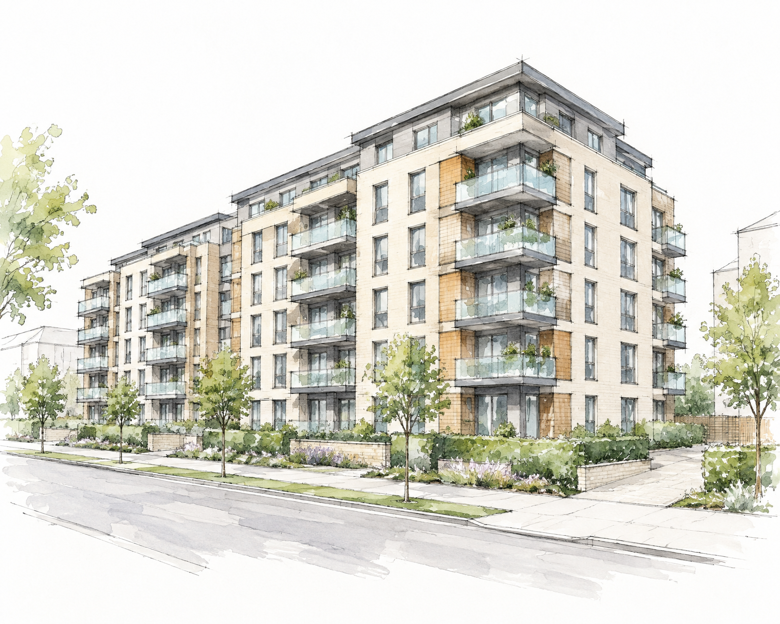 Development sketch of a large residential block building with balconies and landscaping